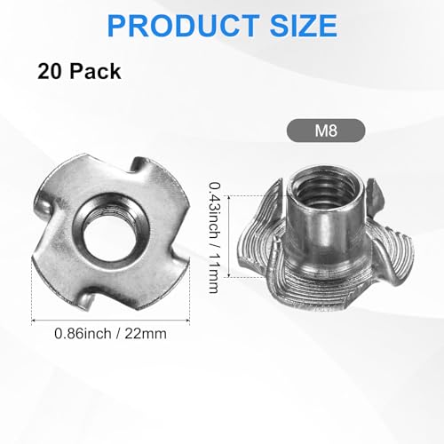 M METERXITY 20-Pack M8x11mm T-nut, 4-Pronged Tee Nut Threaded Insert | Stainless Steel, for Wood, Rock Climbing Holds, Furniture, Corrosion Resistant Fasteners - size: M8x11mm