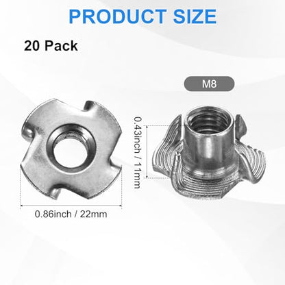 M METERXITY 20-Pack M8x11mm T-nut, 4-Pronged Tee Nut Threaded Insert | Stainless Steel, for Wood, Rock Climbing Holds, Furniture, Corrosion Resistant Fasteners - size: M8x11mm