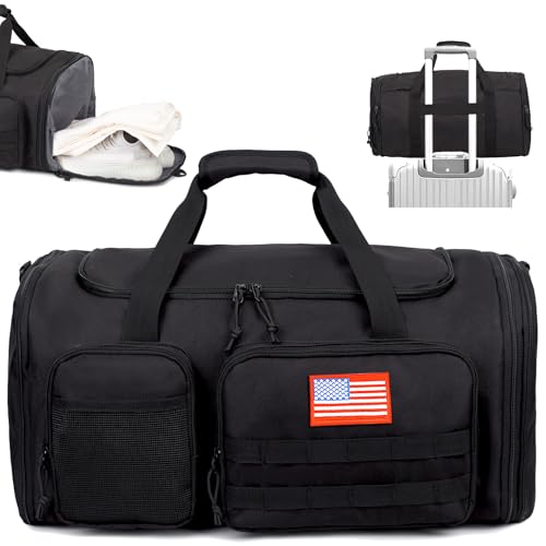 Tactical Duffle Bag for Men,52L Expandable Carry On Duffel Bag for Travel | Adjustable Shoulder Strap Travel Bag with Shoes Compartment Wet Pocket,900D Water-Resistant Weekender Bag for Gym Work Travel - color: Black