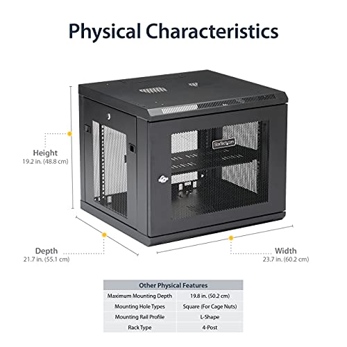 StarTech 9U Wall-Mount Cabinet, 19in, 4-Post, 18.9in Deep (RK920WALM) | Enclosed locking server rack kit for IT data equipment, Adjustable depth 2.4-18.9in, SPCC steel, Assembled - size: 9U, style: max 19" depth