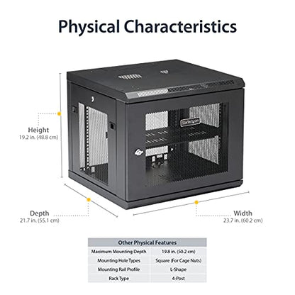 StarTech 9U Wall-Mount Cabinet, 19in, 4-Post, 18.9in Deep (RK920WALM) | Enclosed locking server rack kit for IT data equipment, Adjustable depth 2.4-18.9in, SPCC steel, Assembled - size: 9U, style: max 19" depth