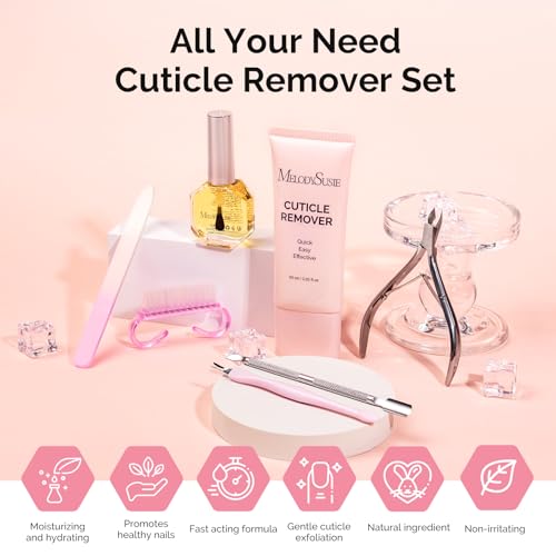 MelodySusie Cuticle Remover Kit,60g Cuticle Remover Cream 15ML Cuticle Oil | Cuticle Nipper Trimmer Pusher,Nail File and Brush for Cuticle Softener & Moisturize Manicure Kit for Nail Care