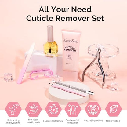 MelodySusie Cuticle Remover Kit,60g Cuticle Remover Cream 15ML Cuticle Oil | Cuticle Nipper Trimmer Pusher,Nail File and Brush for Cuticle Softener & Moisturize Manicure Kit for Nail Care