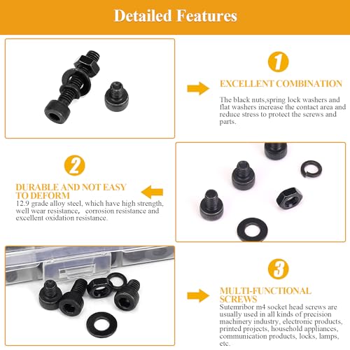 365 Pieces M4 Screws Nuts Washers Set Black, Sutemribor M4 x 6/8/10/12/16/20/25mm Hex Socket Head Cap Screws Nuts Washers Assortment Kit, 12.9 Grade Alloy Steel, Fully Threaded - size: M4 x 6/8/10/12/16/20/25mm Kit, style: Socket Head