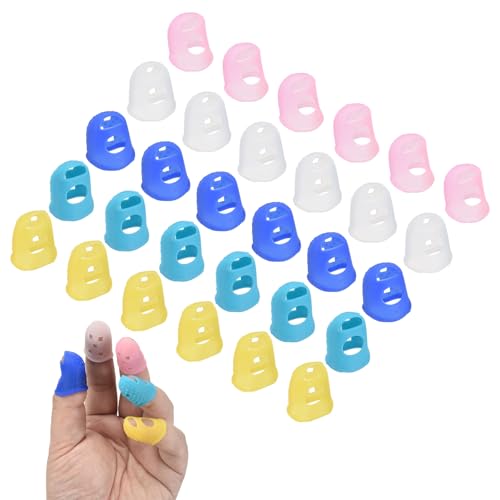 PATIKIL 30 Pcs Silicone Finger Tips, 25mm Anti-Slip Textured Surface Reinforced Protectors Fingertip Covers Reusable Thimbles for Money Counting Guitar Sewing, 5 Colors - color: Yellow/Translucent/Pink/Light Blue/Dark Blue, size: 25mm