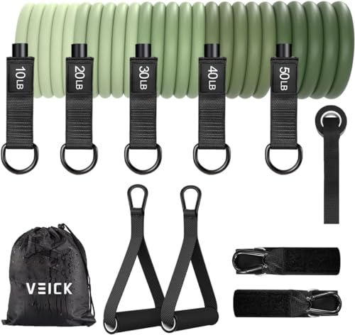 VEICK Resistance Bands with Handles, Ankle Straps, Door Anchor | Accredited Lab Certified, 100% Natural Latex, Cushioned Handles, Versatile for Yoga, Pilates, Strength, Home Gym - color: Green 150LBS