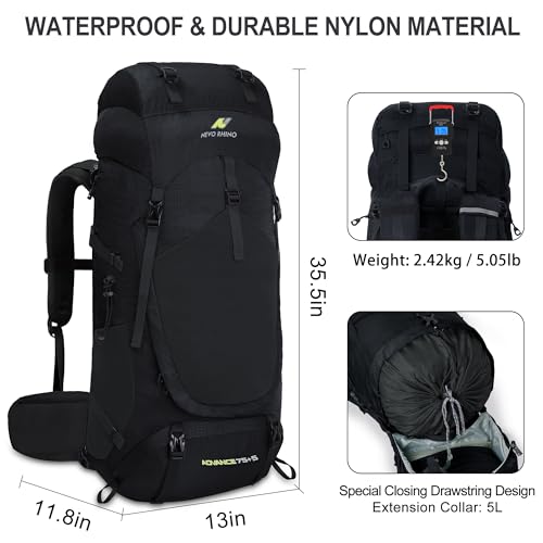 N NEVO RHINO Internal Frame Hiking Backpack 50/60/65/70/80L with Rain Cover | Backpacking Backpack with Padded Hip Belt, Multi-Pockets, Pole Loops, Waterproof Daypack for Men Women Climbing Camping - color: 21 Black, size: 75+5L