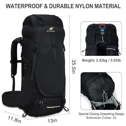 N NEVO RHINO Internal Frame Hiking Backpack 50/60/65/70/80L with Rain Cover | Backpacking Backpack with Padded Hip Belt, Multi-Pockets, Pole Loops, Waterproof Daypack for Men Women Climbing Camping - color: 21 Black, size: 75+5L