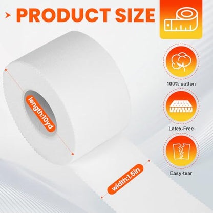 16 Pack Athletic Tape, White Sports Tape for Wrist Ankle Protection, Sports Tape Athletic No Sticky Residue, Easy to Tear Gymnastics Tape for Soccer, Football, Training Supplies (1.5" x 160 Yards) - size: 16P