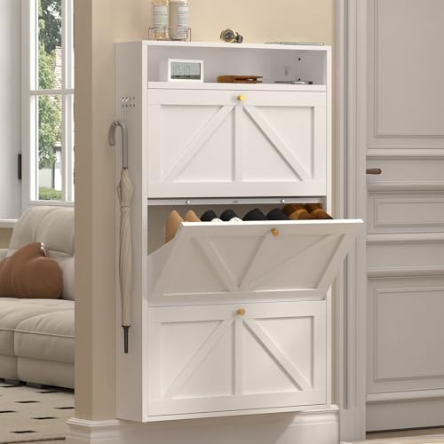 Front Door Shoe Storage, Hanging Shoe Rack with Drawers, 3-Tier Flip-Down Shoe Storage Cabinet for Entryway, Hallway, Narrow Behind the Door Shoe Cabinet, Space-Saving, White - color: White--3 Flip Drawer With Pegboard