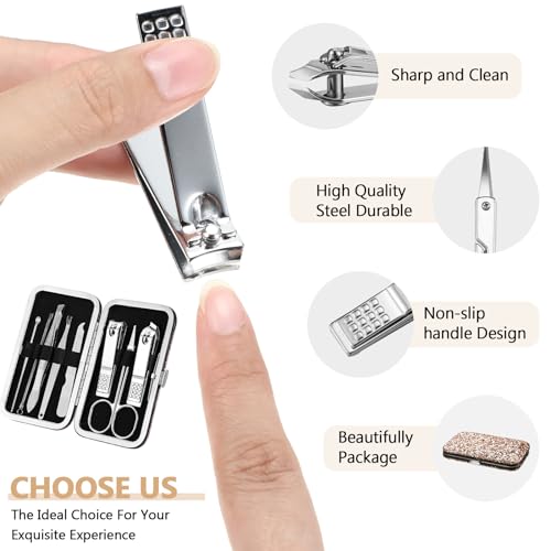 Geosar 12 Set 8 in 1 Manicure Kit Gifts Stainless Steel Nail Clippers Set Pedicure Care Tools with Leather Case Travel Portable Grooming Kit for Women Men Nurse Hands Foot(Glitter Rose Gold) - color: Glitter Rose Gold