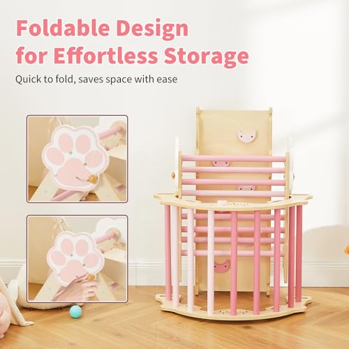 Pikler Triangle Set with Safe Handle, 7-in-1 Montessori Climbing Set for Toddlers, Wooden Pickler Climbing Set, Collapsible Climbing Triangle Climbing Set, Baby Jungle Gym & Playground, for 1-3 Year - color: Pink