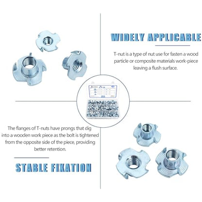 T Nuts 1/4"-20, 5/16"-18, 3/8"-16, Jovlalis 160 pcs Zinc Plated Steel T-Nut 4 Pronged Tee Blind Nuts Assortment Kit for Wood, Rock Climbing Holds, Cabinetry, Furniture