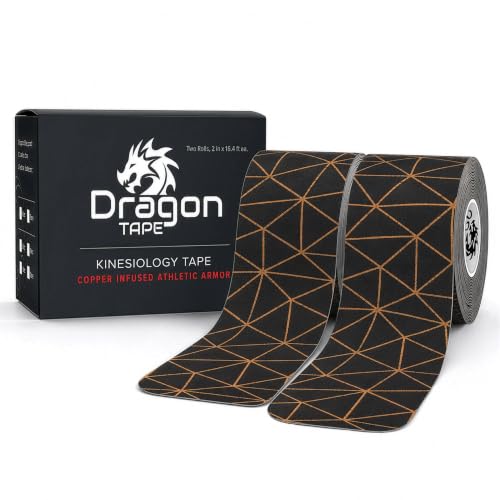 Dragon Tape Copper Infused Kinesiology Tape, Black, Double Roll | 20 Precut Strips per Roll, Water Resistant, Elastic Athletic Tape, Muscle Strain & Joint Support, Weightlifting & Recovery - color: Black, size: Double Roll