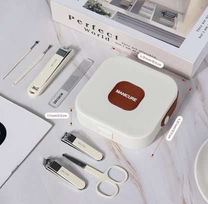 8 Pcs Nail Clipper Set,Stainless Steel Manicure Pedicure Collection White | Portable Anti-Splash Tools for Daily Nail Care, Compact Travel Essential for Home Use,Coffee Brown - color: White