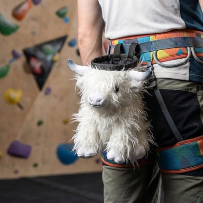 Highland Cow Plush Rock Climbing Chalk Bag, Cute Plush Animal，Drawstring Closure & Adjustable Belt，Bouldering & Gymnastics, Soft Fluffy Cow Chalk Pouch, Unique Climbing Gear Gift for Climbers - color: white