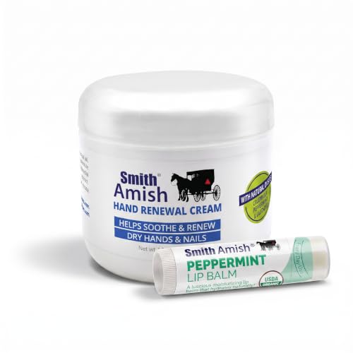 Smith Amish Hand Renewal Cream 4.5 oz + Organic Peppermint Lip Balm | Deep Moisturizing Hand & Lip Care Set for Dry, Rough Hands & Parched Lips - Botanical Duo - size: 2.25 Ounce (Pack of 2)