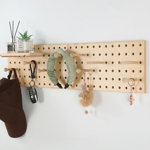 2 Pack Beige Wooden Pegboard Modular Wall Organizer | Includes hooks & shelf, multi-use for home/office/bathroom/laundry room - color: Begie