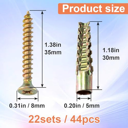 HINZIC 22 Set Steel Wall Anchors with Screws, #4×1-2/5, Gold - size: #4×1-2/5