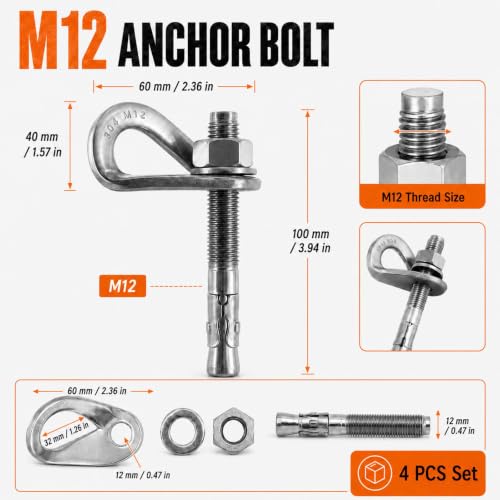 304 Stainless Steel Climbing Anchor Bolt, 30KN Rock Climbing Bolt Hanger, Heavy Duty Climbing Fastening Bolt, Climb Fastening Bolt Safe Fixed Point, 4 Set Rock Climbing Holds
