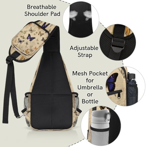 Retro Butterfly Sling Bags for Women Men, Waterproof Crossbody Sling Backpack Travel Outdoor Sports Chest Bag - color: Grey