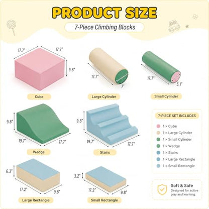 Soft Climbing Toys for Toddlers, 7-Piece Foam Climbing Blocks with PU Leather Cover, Modular Climb and Crawl Activity Play Set for Indoor Playroom (Pink)