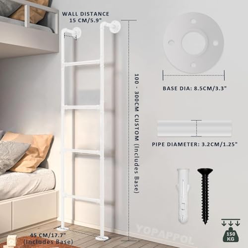 Floor-Standing Metal Ladder for Bunk Bed, Industrial Iron Pipe Attic Loft Ladder with Kit, Non Slip Emergency Egress Ladder Loads 330lbs, for Dorm,Library,Deck,RV(146cm/5 - size: 146cm/57in