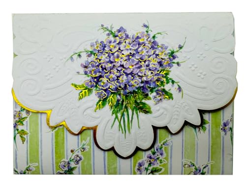 Poster Foundry Violets on Stripes Boxed Note Cards by Carol Wilson. 10 embossed 4x5 Die-Cut Notecards and Matching Envelopes in Decorative Gift Box with Magnetic Flap. NCP2251 - color: Floral - Violets on Stripes, style: 1 Gift Box Set / 10 Cards Total