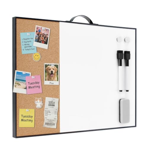 Small Cork Board Whiteboard Combo - 12" X 16" Portable Aluminum Black Framed Magnetic Dry Erase Board for Wall, Mini Bulletin CorkBoard with a Handle for Office, Home and School - color: Black- 1/3 Cork & 2/3 Whiteboard, size: 16"W x 12"H