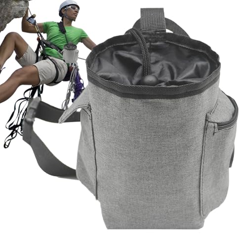 Chalk Bag for Rock Climbing Drawstring Closure Zippered Pockets Adjustable | Chalk Organizer for Rock Climbing, Bouldering, Weightlifting, Gymnastics, Adults Women Men - color: Gray
