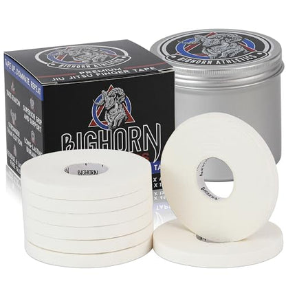 Bighorn Athletics Pro Finger Tape + Tin, 0.3" x 45Ft, 8 Rolls, White | Pro Series competition tape – 50% stronger than cotton. Residue-free, sweat-proof adhesive for Jiu Jitsu & hard training. - color: White