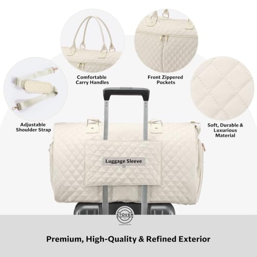 STOVER Women’s Convertible Garment Duffel Bag for Travel – 2-in-1 Carry-On Weekender/Overnight Tote - Wrinkle-Free Dresses, Suits & Clothes + Shoe Compartment & Bonus Toiletry Bag (Cashmere Cream) - color: Cashmere Cream