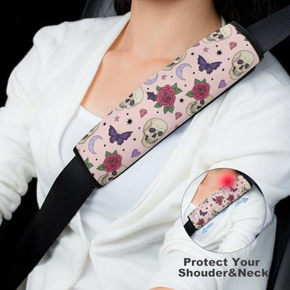 1 Pair Universal Soft and Comfortable Car Seat Belt Pad for Girls and Boys, Most Cars, Gothic Pink Skull Skeleton Rose Bat Harness Pads Strap, Neck and Shoulder Support - color: Pattern 467