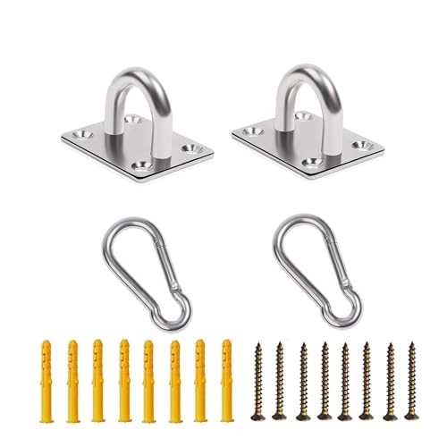 2 Pack M5 Heavy Duty Stainless Steel Square Pad Eye Anchors with 2 Snap Clips, 8 Screws & 8 Plastic Wall Plugs – Rustproof Mounting Hardware for Hanging, Storage, Marine, Garage, Outdoor Use