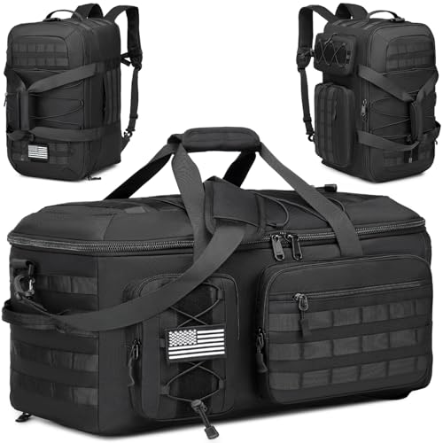 65L Large Travel Duffle Bag for Men, 3-in-1 Convertible Backpack and Gym Bag with Shoe Compartment, Heavy Duty Military Tactical Duffel for Overnight Weekender Workout and Outdoor - color: Black, size: 65L