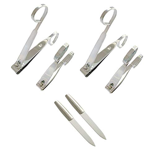 EZ Grip Nail Clippers 6PCS - Stainless Steel Fingernail Clippers for Men & Women - E Z Grip Scissor Like Nail Clippers Set of 4 Nail Scissors (Small and Large) + 2 Nail Files Plus Eyeglass Pouch