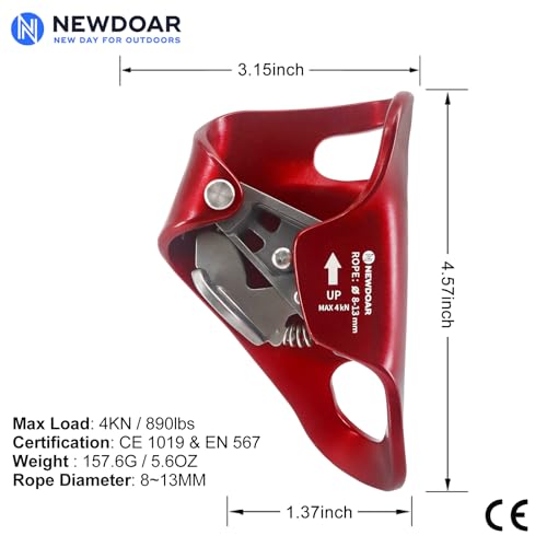 NewDoar Rock Climbing Chest Ascender Abdominal for Vertical Rope Climbing CE Certified Rope Clamp for 8~13MM Rope - color: Red