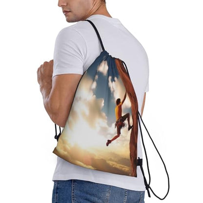 Rock Climbing Sports Drawstring Backpack Draw String Bag Waterproof Sports Bag Gym Cinch Bags for Women Men, Small, Black - size: Small