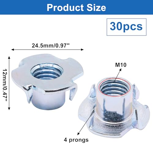 T Nuts M10 30Pcs Threaded Inserts T-Nuts, Zinc-Plated Steel 4 Pronged Tee Nut for Wood, Rock Climbing Holds Cabinetry - size: M10(30Pcs)