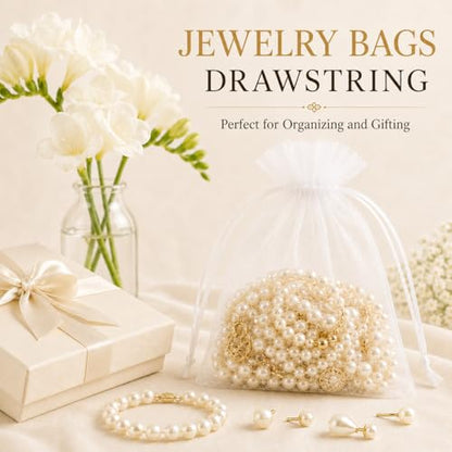 ANZNKU 50PCS Organza Bags 5 x 7, White Small Gift Mesh Bags Drawstring Bulk | Sheer Goodie Pouches for Wedding Candy Party Favors Baby Bridal Shower&Halloween, Jewelry Treats Sachet Soap Makeup Gift Wrap - color: White