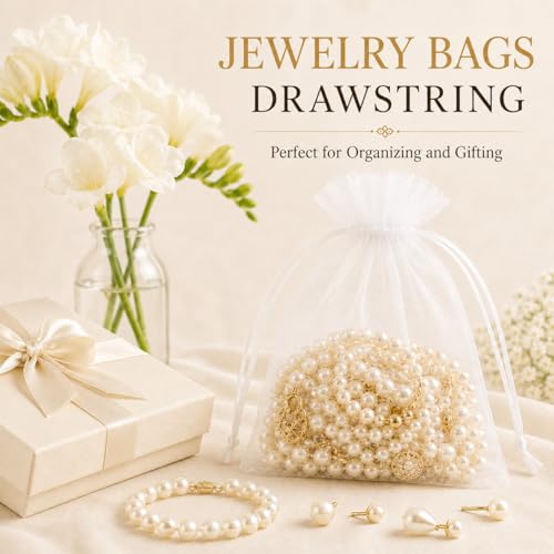 ANZNKU 50PCS Organza Bags 5 x 7, White Small Gift Mesh Bags Drawstring Bulk | Sheer Goodie Pouches for Wedding Candy Party Favors Baby Bridal Shower&Halloween, Jewelry Treats Sachet Soap Makeup Gift Wrap - color: White