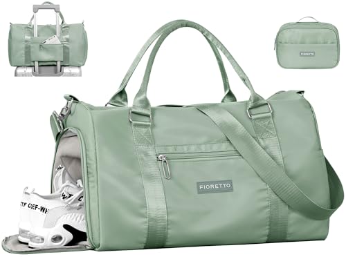 FIORETTO Womens Gym Tote Duffle Bag with Toiletry Bag, Sports Duffel Overnight Hospital Workout Carry on for Girls with Wet Pocket & Shoe Compartment, Ideal for Travel, Swimming, Celadon - color: Celadon, style: Gym Bag With Toiletry Bag