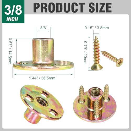 FoDau770 3/8"-16 Brad Hole T-Nut with Screws, Zinc Plated Carbon Steel 3-Hole T-Nuts, Insert Female Thread Mounting Fastener for Wood Furniture and DIY Project - 16 Set (64 Pieces) - size: 3/8"-16