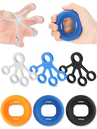 Cozary Grip Strength Trainer Set, 6-Piece - 20-70 lb Hand & Finger Training Set with 3 Grip Strength Rings & 3 Finger Stretchers - For Climbing, Strength Sports & Home - Ideal for Beginners and