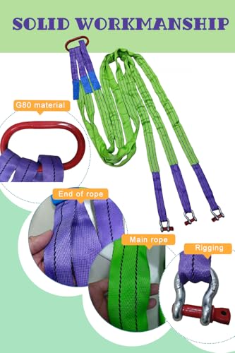 Lifting Slings Straps with Shackles - 10 FT, 6600LB Capacity Polyester Bridle Sling, Heavy Duty Three Leg Rigging Strap for Cranes, Hoists, Trucks, Heavy Equipment Moving (SJ-3Leg-3T)