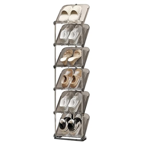 YYW Transparently Narrow Shoe Rack, Vertical Shoe Rack for Entryway Corner | Small Shoe Storage Organizer, Save Space Slim Shoe Shelf for Front Door Entrance, Easy To Assemble, PET Material - color: Grey, size: 6 Tier