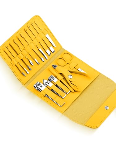 16-Piece Professional Manicure & Pedicure Kit - Comprehensive Nail Care Set with Stainless Steel Tools and Leather Case Yellow - color: Yellow