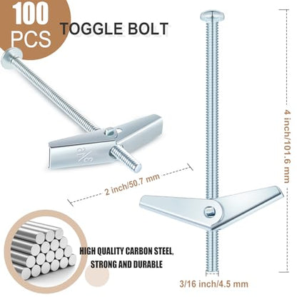 Yaocom 100 pcs 3/16'' x 4'' Toggle Bolts Butterfly Screws Anchors Heavy Duty Wall Anchors for Drywall with Wing Nuts for Hanging Heavy Objects on Drywall - size: 3/16" X 4"