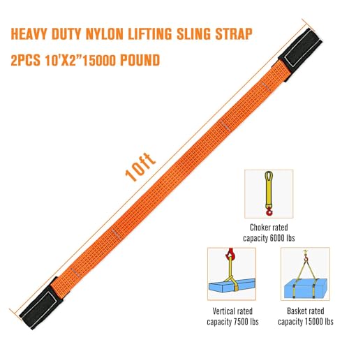 2 Pcs 2" x 10FT Heavy Duty Nylon Lifting Slings and Straps | 15000lb Capacity Flat Eye Rigging Strap for Hoist, Towing, Moving, Tree Saver Recovery and Winch