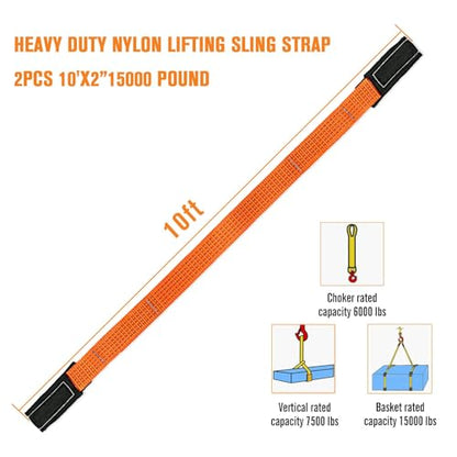 2 Pcs 2" x 10FT Heavy Duty Nylon Lifting Slings and Straps | 15000lb Capacity Flat Eye Rigging Strap for Hoist, Towing, Moving, Tree Saver Recovery and Winch